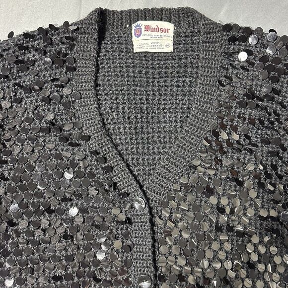 Vintage Windsor Sweater Women Medium Black Wool Cardigan Hand Decorated Sequin - Picture 7 of 9